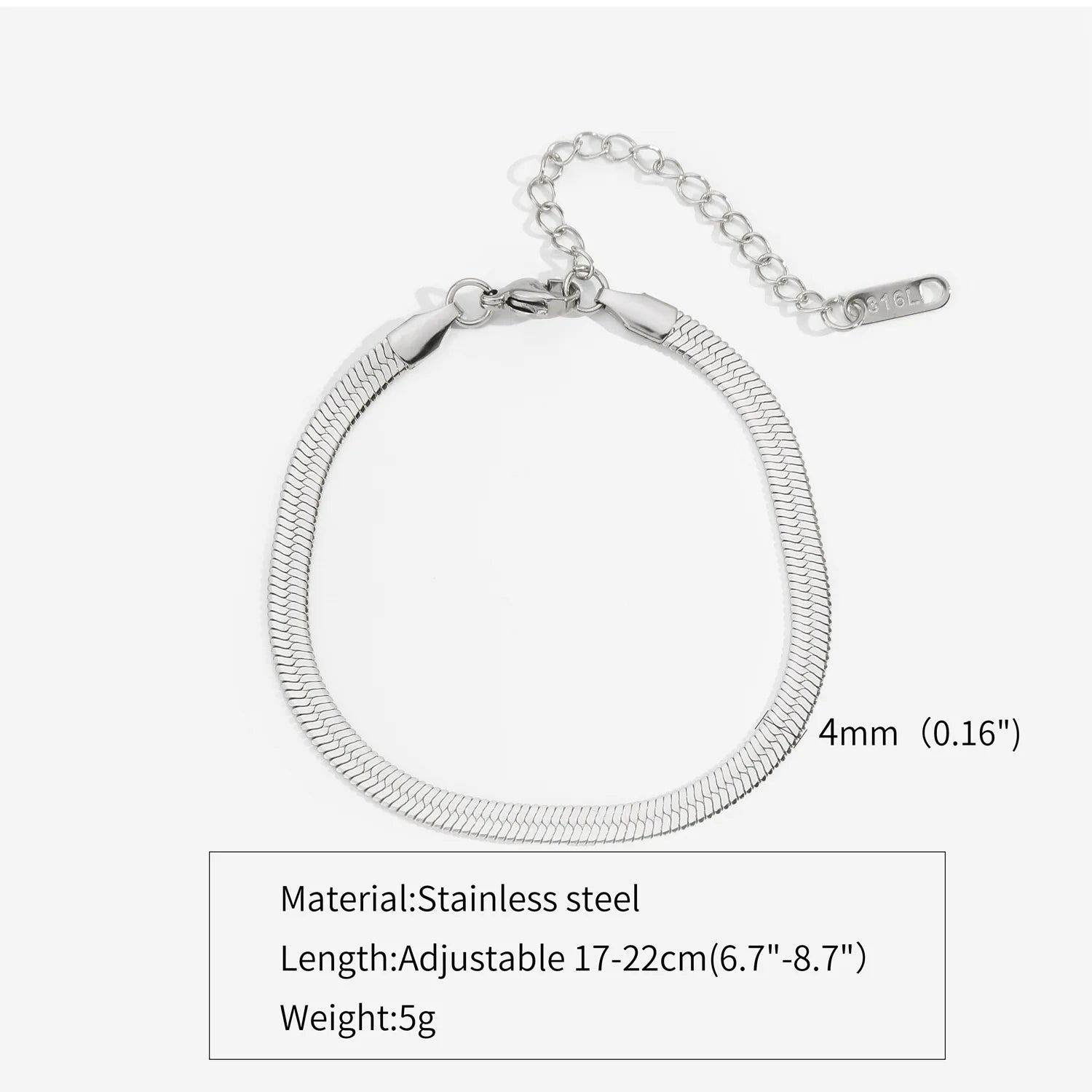3mm Silver Colour Stainless Steel Flat Chain Bracelet
