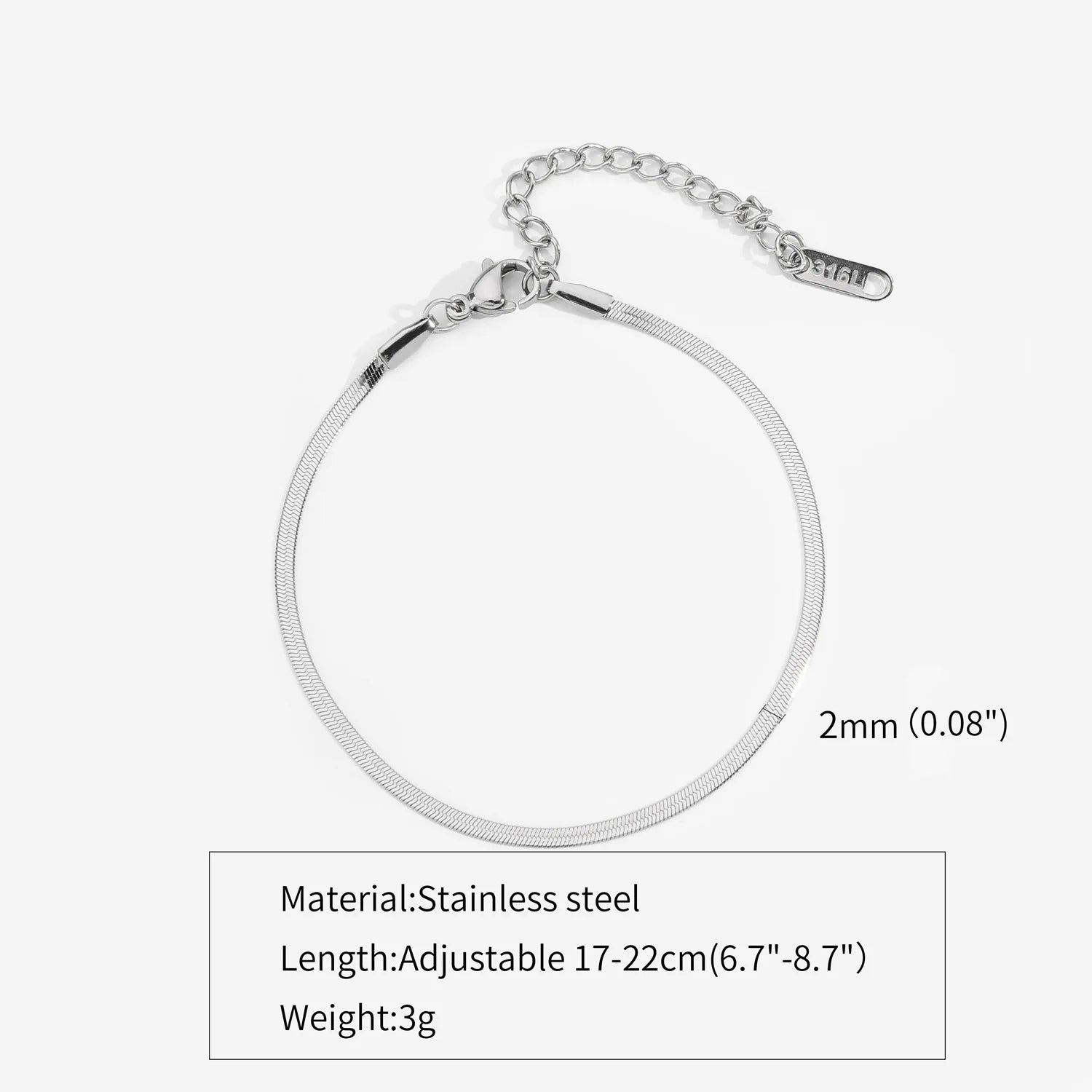 3mm Silver Colour Stainless Steel Flat Chain Bracelet